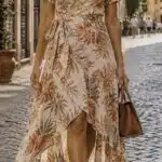 SIENNA summer wrap dress sewing pattern: beige botanical-print dress with V-neckline, waist tie and asymmetric flowing hem.