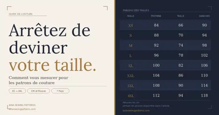 Femme prenant ses mensurations à l'aide d'un mètre ruban pour choisir la bonne taille de patron de couture.
