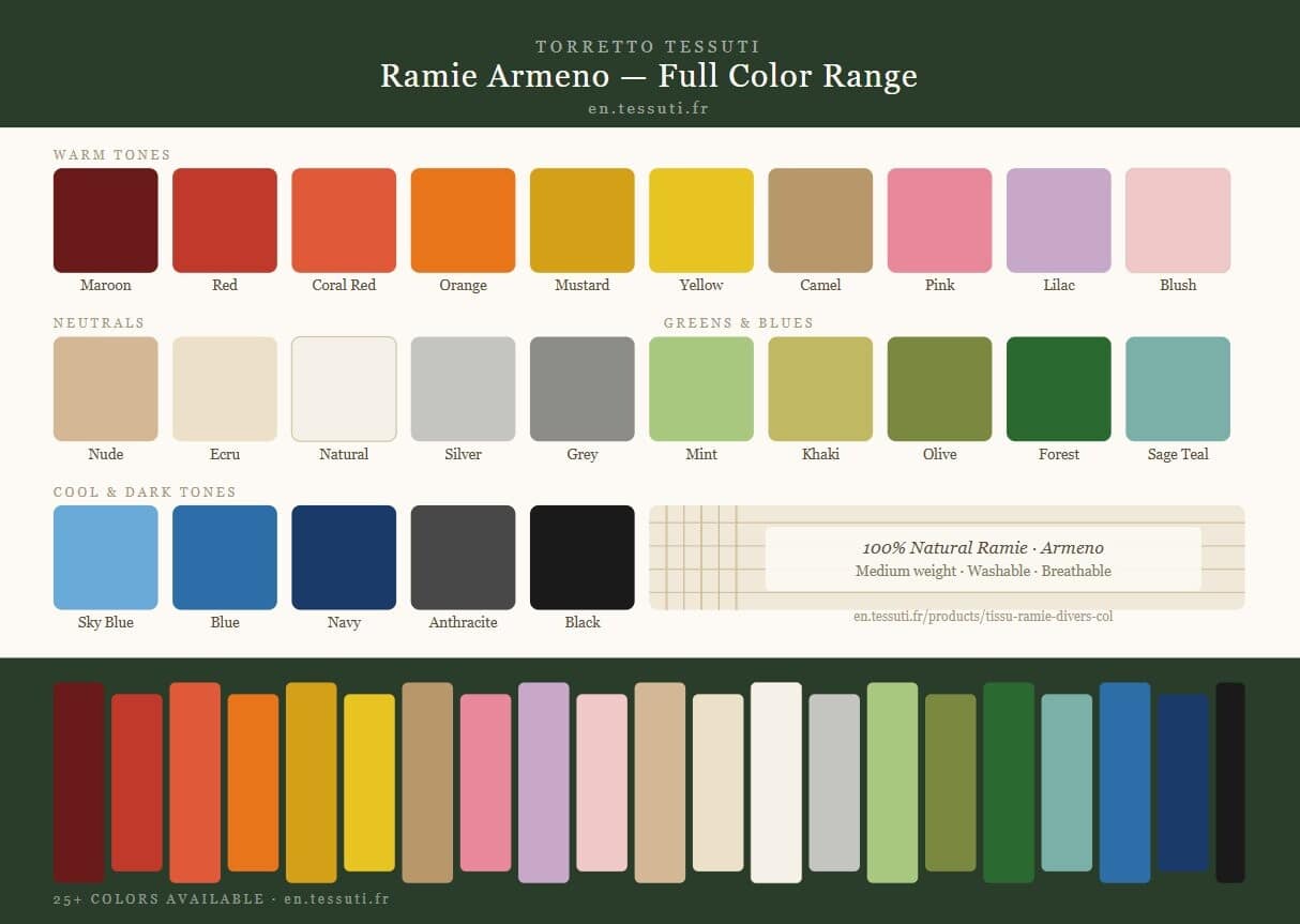 Full color range of Ramie Armeno fabric from Torretto Tessuti — 25+ colors including reds, pinks, yellows, neutrals, greens, blues and black