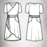 SIENNA wrap dress sewing pattern: technical front and back drawings showing the wrap skirt, waist tie and asymmetric hem.