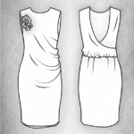 Technical front and back drawings of the NAIA draped dress sewing pattern, with front pleats and crossed open back.