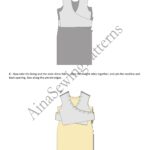 Illustrated sewing instruction page for the NAIA draped dress pattern, with construction diagrams for the garment.
