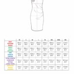 NAIA draped dress sewing pattern size chart with garment line drawing and body measurement table.