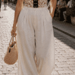 ECLIPSE corset-style bustier sewing pattern: floral strapless top with black front fastenings, styled with cream wide-leg trousers.