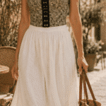 ECLIPSE floral bustier sewing pattern with black hook fastening, worn with a long cream gathered skirt and woven tote.