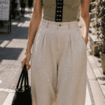 ECLIPSE structured bustier sewing pattern in pale sage green with black hook-and-eye closure, styled with cream trousers.