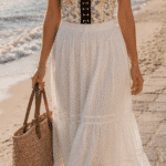 ECLIPSE bustier sewing pattern with optional thin straps: floral corset-style top worn with a flowing white tiered maxi skirt.