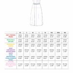 Größentabelle zum Schnittmuster für das taillierte Kleid VIENNE mit technischer Zeichnung und Körpermaßen.