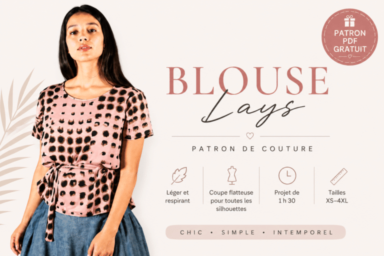 Femme portant la blouse Lays, un patron de couture pour une blouse d'été décontractée à col en V, manches courtes et lien à nouer sur le devant.