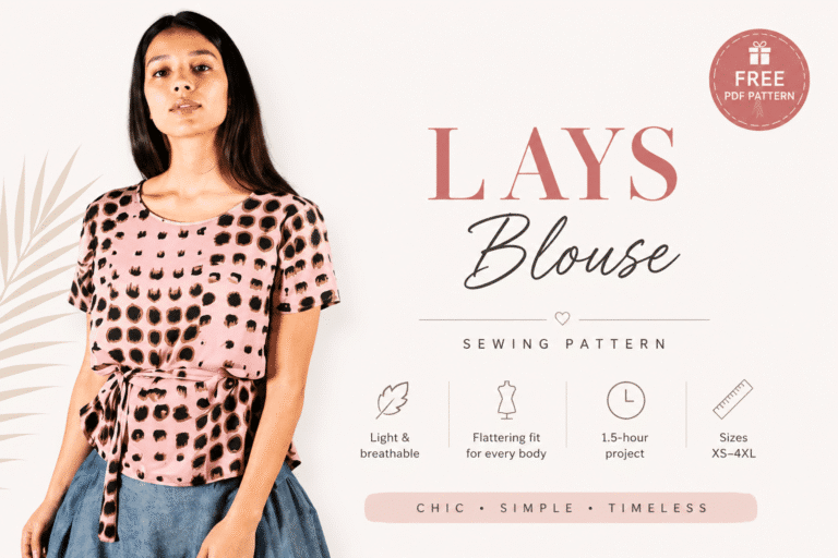 Woman wearing the Lays Blouse sewing pattern, a relaxed V-neck summer blouse with short sleeves and a front tie.