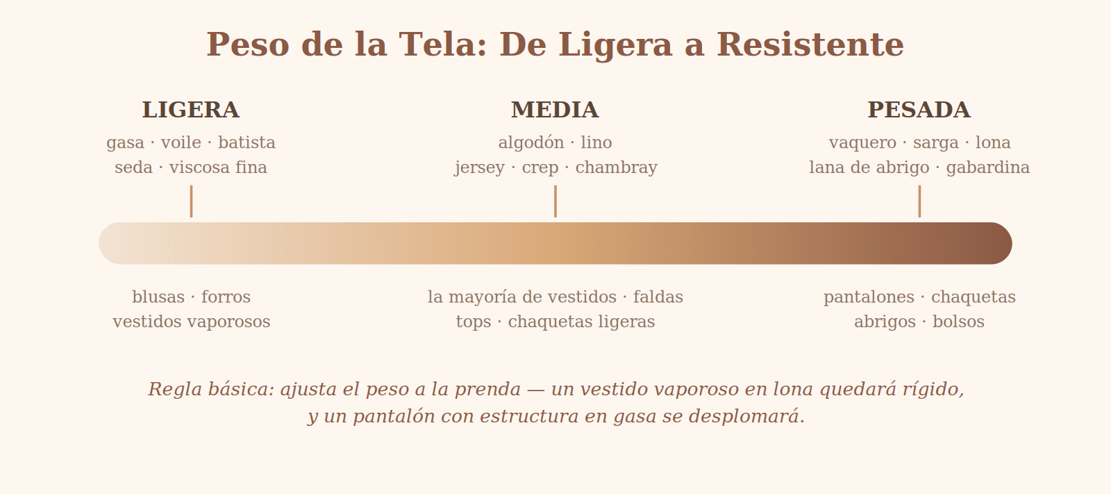 Escala de pesos de tela desde telas ligeras como la gasa hasta telas pesadas como el vaquero y la lona