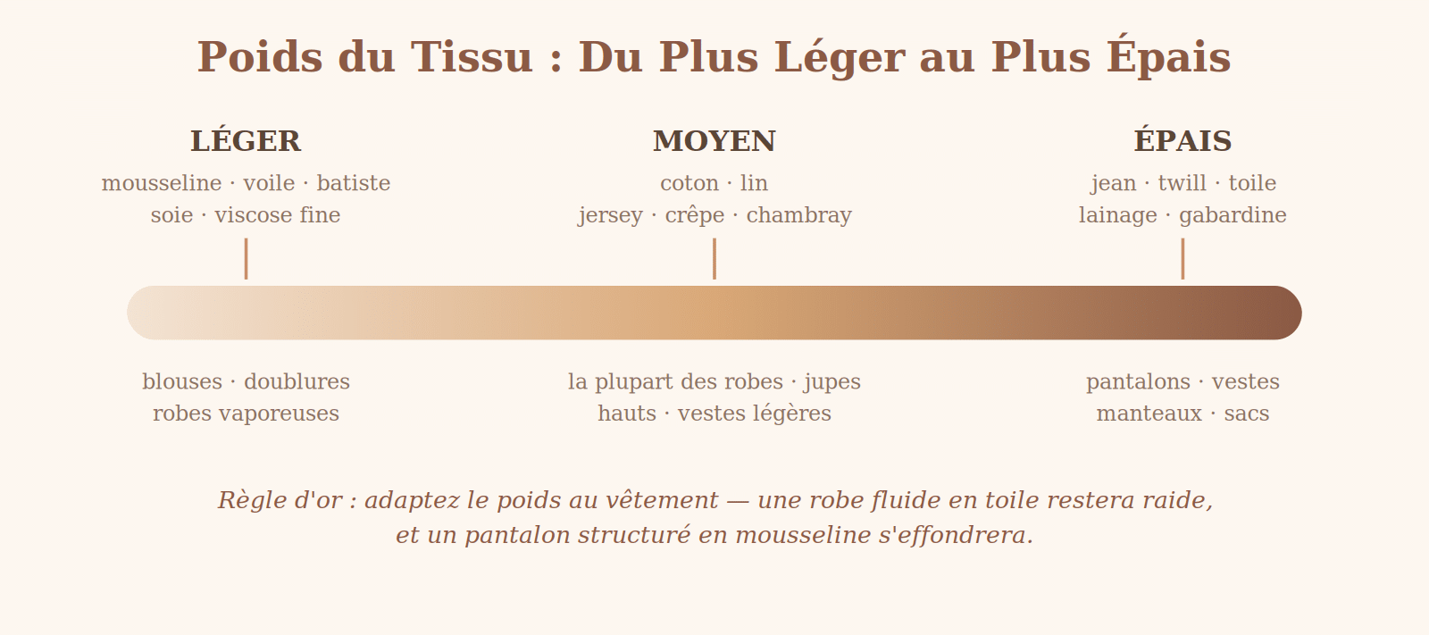 Échelle des poids de tissu, des tissus légers comme la mousseline aux tissus épais comme le jean et la toile