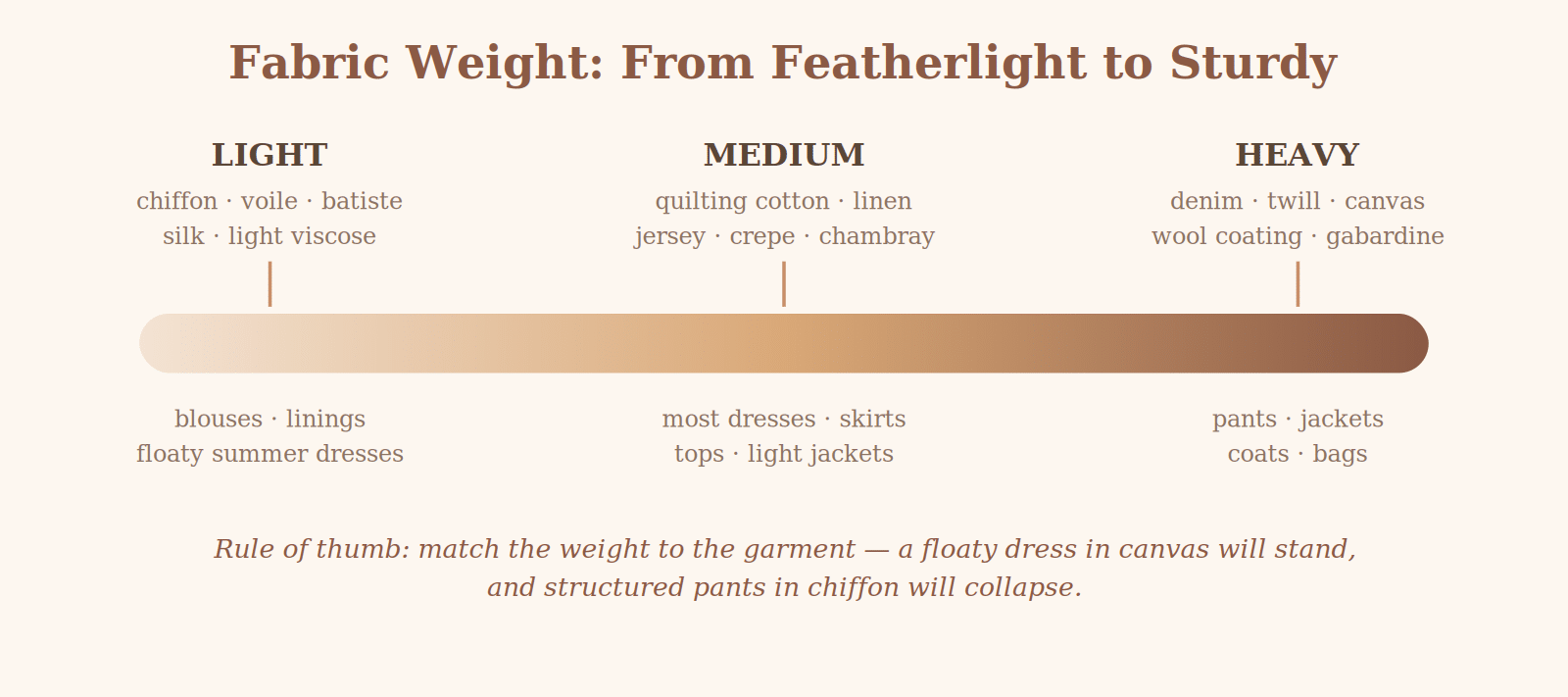 Fabric weight scale from light fabrics like chiffon to heavy fabrics like denim and canvas