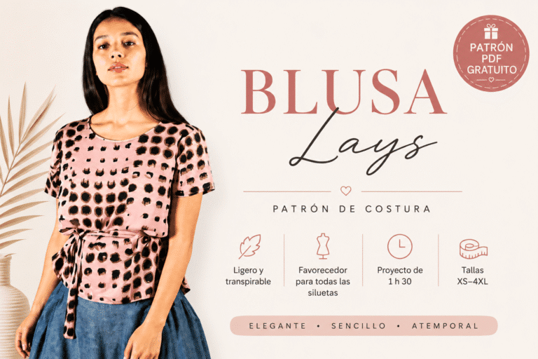 Mujer luciendo la blusa Lays, un patrón de costura para una blusa de verano de corte relajado con escote en V, mangas cortas y lazada en la parte delantera.