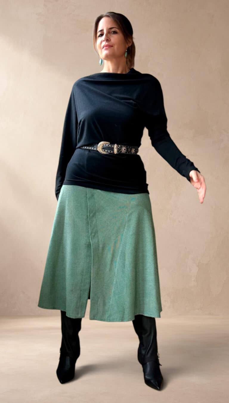 Handmade CHANTELLE flared skirt, from a women’s PDF sewing pattern: the skirt opens out below the waist into a relaxed A-line. with a design suited to mixing colours and textures.