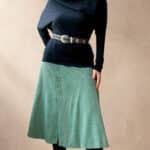 CHANTELLE patchwork midi skirt sewing pattern: seams between the fabric pieces make the patchwork construction visible. The broad hem creates an easy, flowing line.