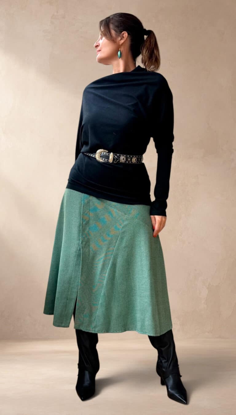 Handmade CHANTELLE flared skirt, from a women’s PDF sewing pattern: the defined upper section balances the generous volume below. with a design suited to mixing colours and textures.