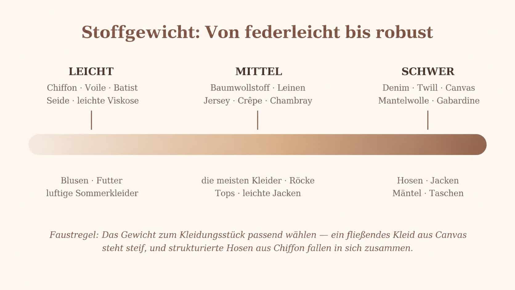Skala des Stoffgewichts von leichten Stoffen wie Chiffon bis zu schweren Stoffen wie Denim und Canvas