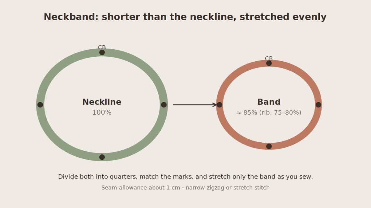 How to sew a neckband on a knit top by matching quarter marks