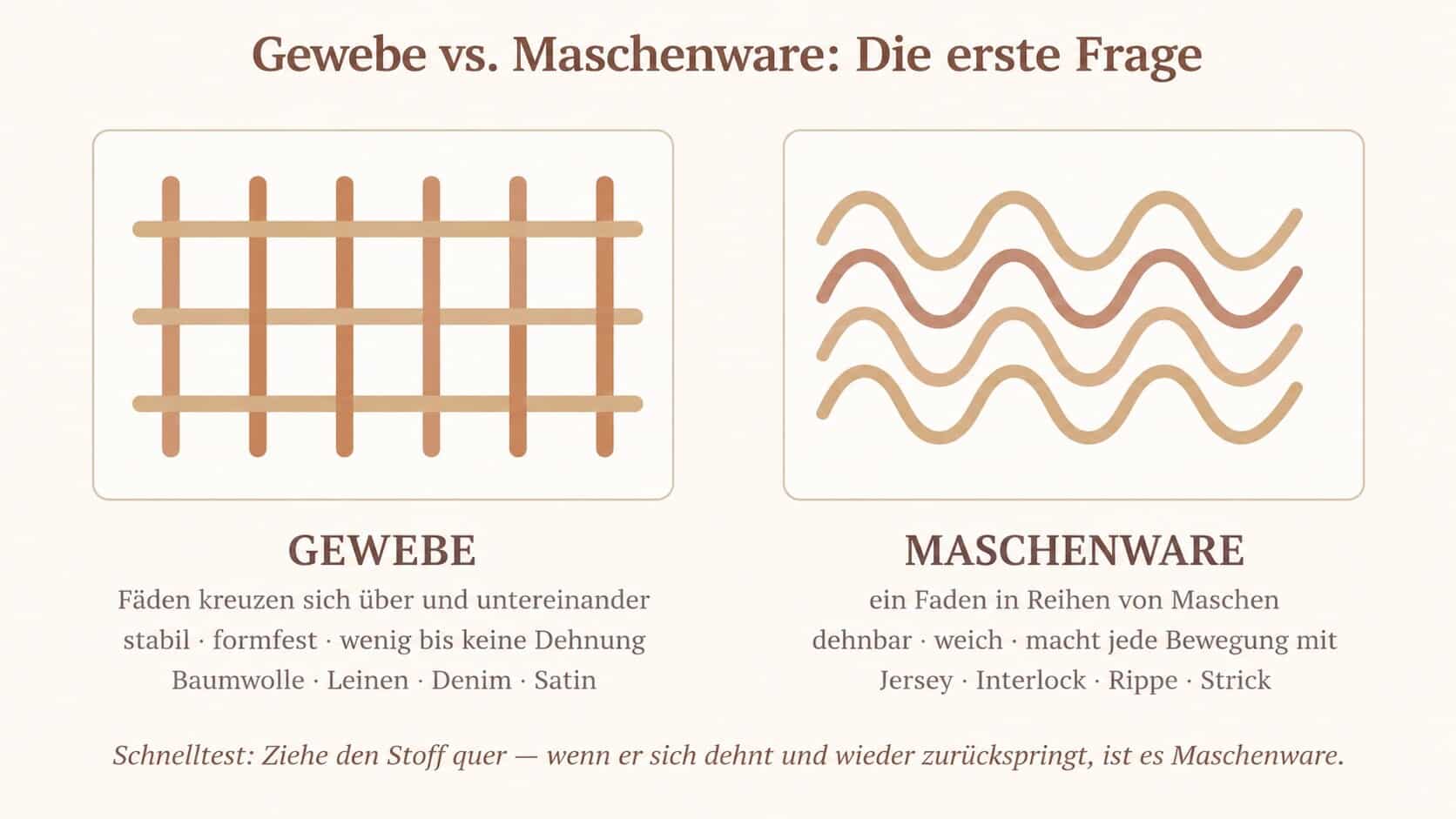 Schaubild mit dem Vergleich von Gewebe mit sich kreuzenden Fäden und Maschenware mit Reihen aus Maschen