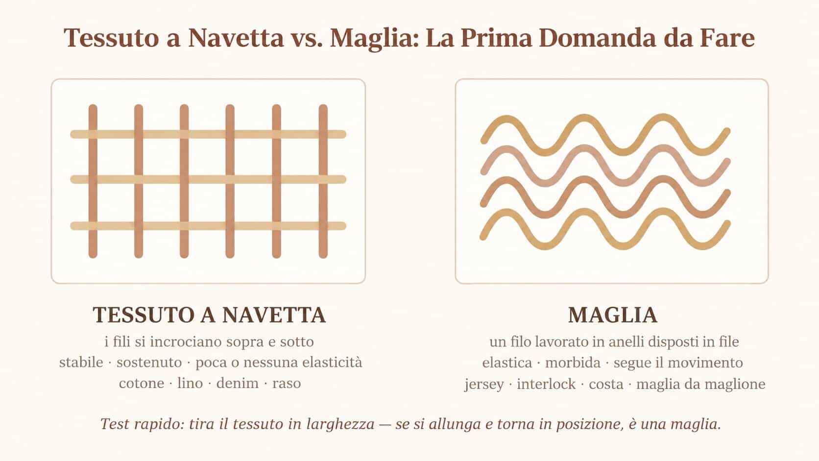 Schema che confronta la struttura del tessuto a navetta con fili incrociati e la struttura della maglia con file di anelli